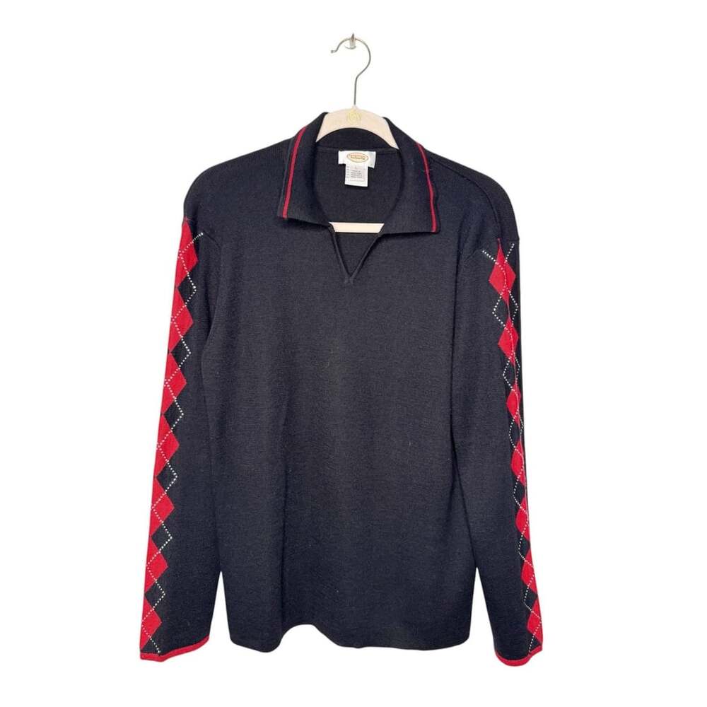 Talbots Vintage Black Red Argyle Long Sleeve V-Neck Polo Sweater SZ L